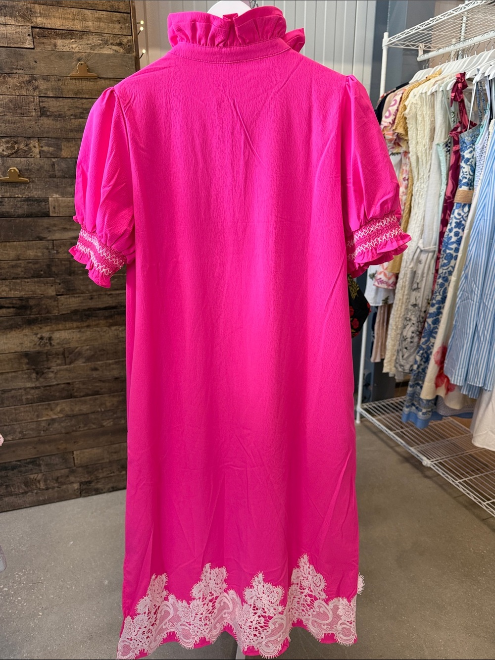 JODIFL Hot Pink Midi Dress with White Lace Hem - Picture 3 of 6